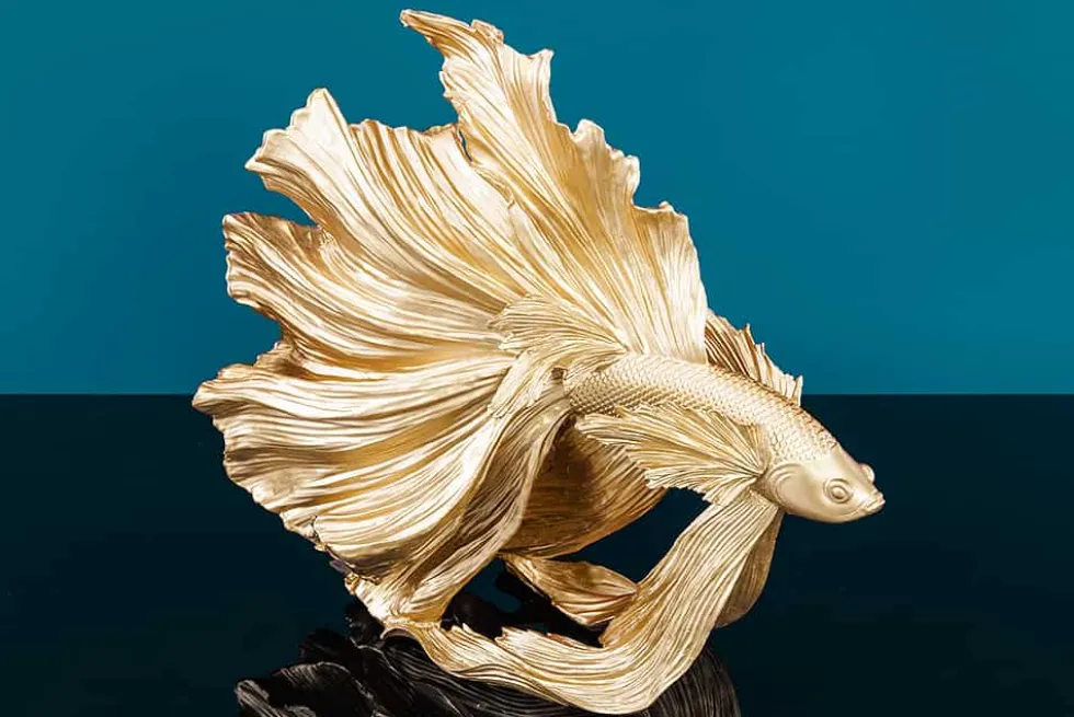 Design Deko Figur Kampffisch CROWNTAIL 35cm gold Betta Fisch Skulptur