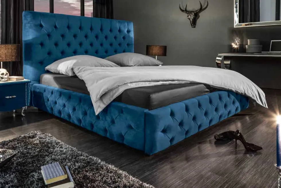 Design Doppelbett PARIS 180x200cm dunkelblau Samt Chesterfield