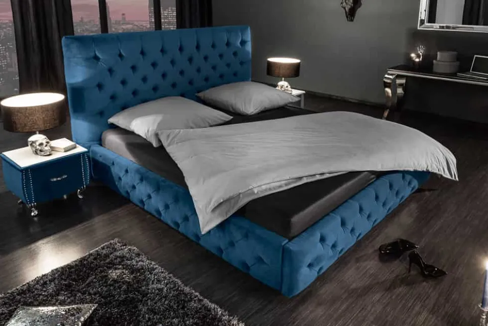Design Doppelbett PARIS 180x200cm dunkelblau Samt Chesterfield