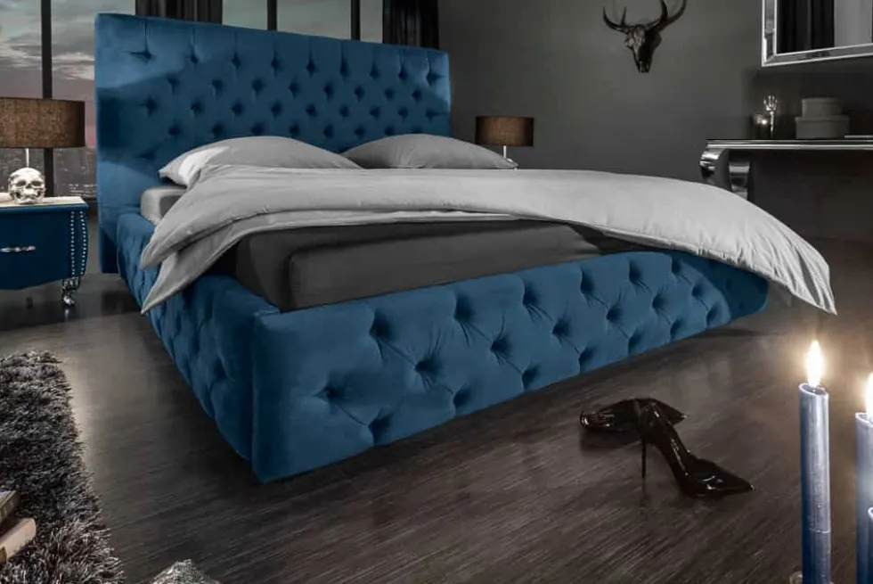 Design Doppelbett PARIS 180x200cm dunkelblau Samt Chesterfield