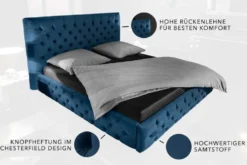 Design Doppelbett PARIS 180x200cm dunkelblau Samt Chesterfield