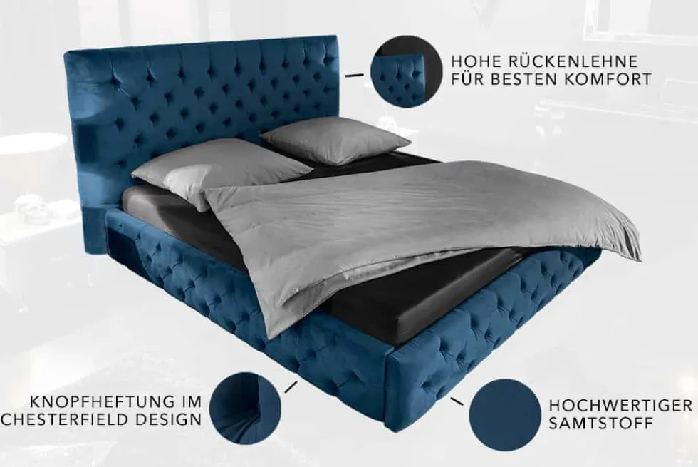 Design Doppelbett PARIS 180x200cm dunkelblau Samt Chesterfield