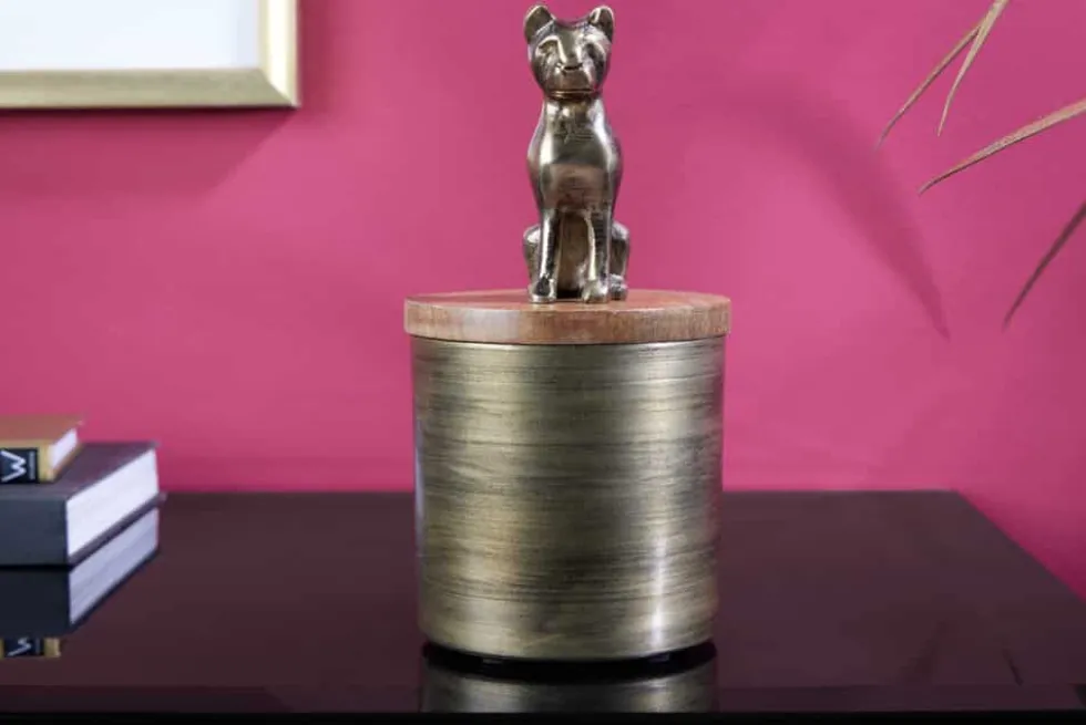 Design Dose PANTHER 20cm gold natur Mangoholz Panther-Figur Metall Dekoration