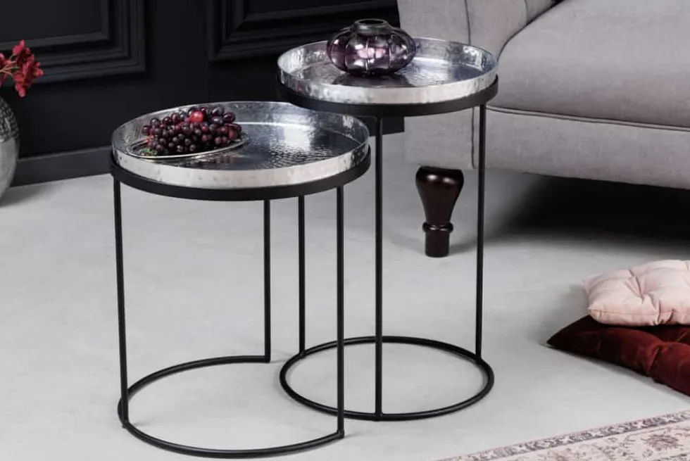 Design 2er Set Beistelltisch ELEMENTS 55cm silber Hammerschlag handmade rund