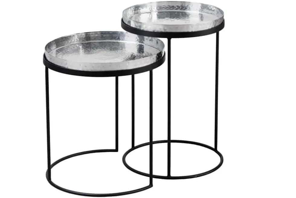 Design 2er Set Beistelltisch ELEMENTS 55cm silber Hammerschlag handmade rund