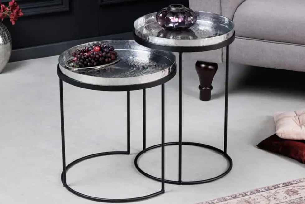 Design 2er Set Beistelltisch ELEMENTS 55cm silber Hammerschlag handmade rund