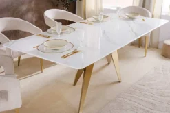 Design Esstisch ART LIVING 200cm weiß Marmor Keramik Metall brushed champagner gold