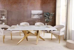 Design Esstisch ART LIVING 200cm weiß Marmor Keramik Metall brushed champagner gold