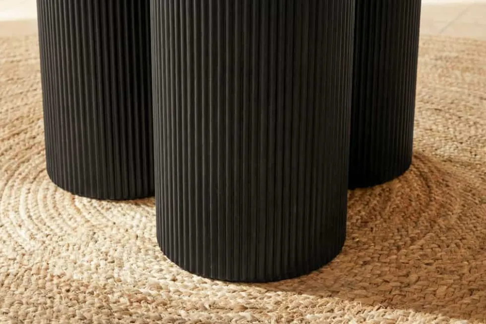 Design Esstisch BABYLON 120cm schwarz Fischgrät Eiche rund mit drei Säulenfüßen