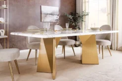 Design Esstisch EXTRAVAGANCIA 200cm weiß Marmor Metall brushed champagner gold