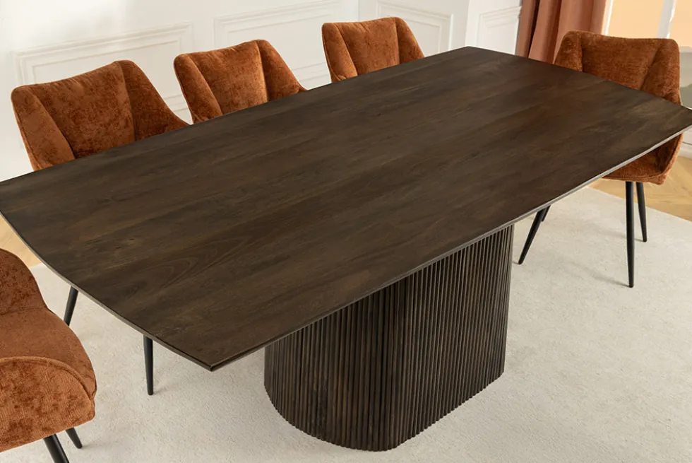 Design Esstisch GRAND 200cm dunkelbraun Mangoholz Bootsform mit Sockel