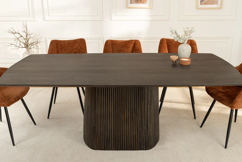 Design Esstisch GRAND 200cm dunkelbraun Mangoholz Bootsform mit Sockel