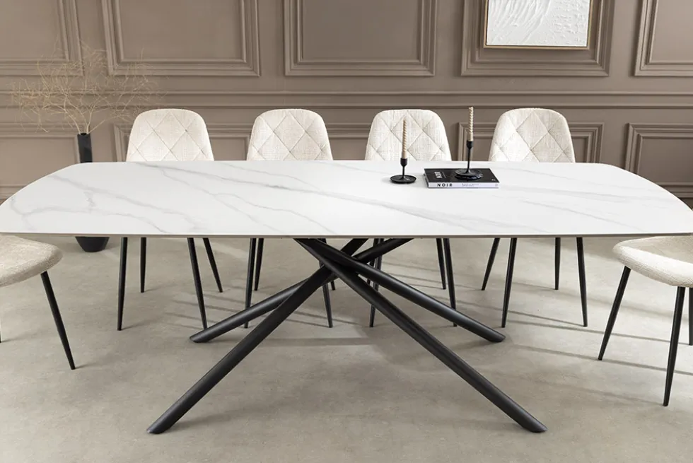 Design Esstisch OSAKA 160cm weiß Keramik schwarz Sterngestell Metall