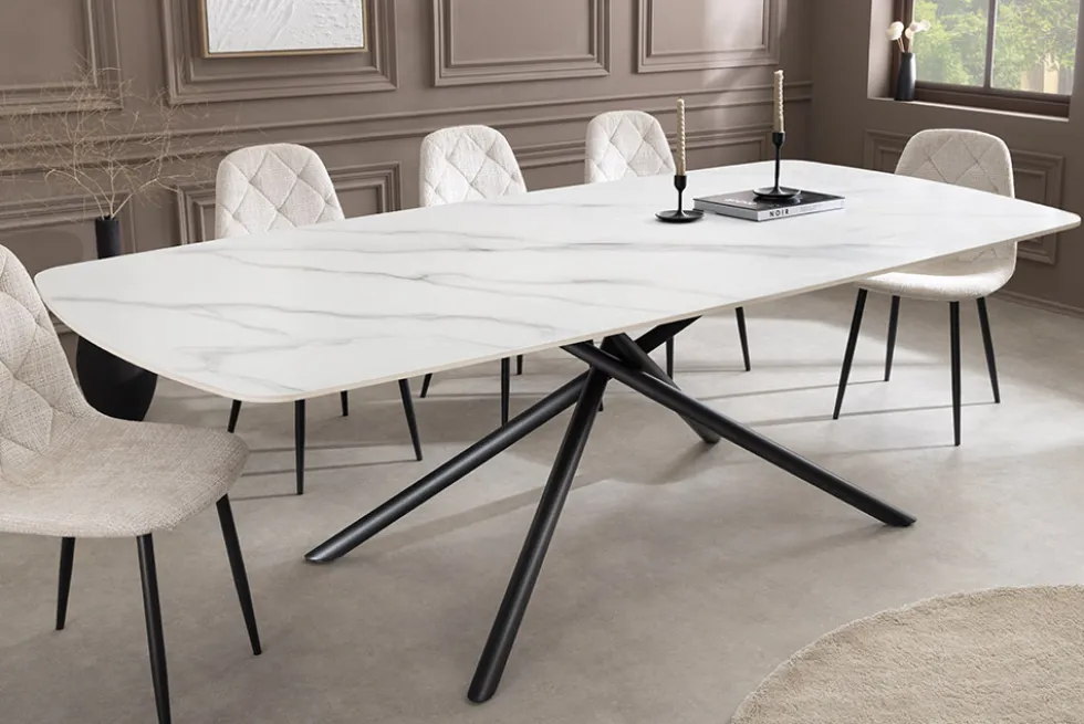 Design Esstisch OSAKA 160cm weiß Keramik schwarz Sterngestell Metall