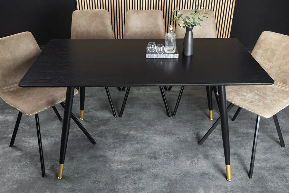Design Esstisch PARIS 120cm schwarz Eichenholz mit goldenen Fußkappen