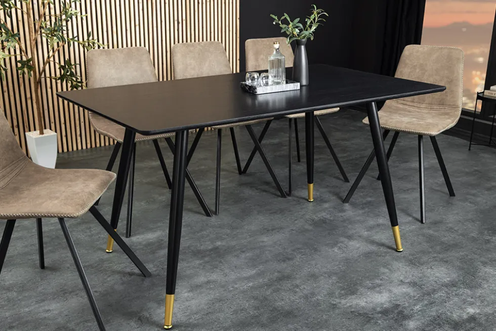 Design Esstisch PARIS 120cm schwarz Eichenholz mit goldenen Fußkappen