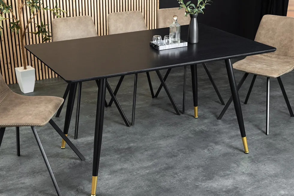 Design Esstisch PARIS 120cm schwarz Eichenholz mit goldenen Fußkappen