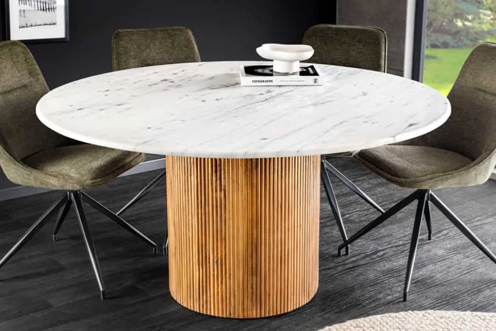 Design Esstisch TRES CHIC 140cm weiß Marmorplatte rund braun Mangoholz