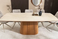 Design Esstisch UNIQUE 200cm natur braun Travertin Keramik Eichenholz Säulenfuß