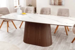 Design Esstisch UNIQUE 200cm weiß Walnuss Keramik Marmor Säulenfuß
