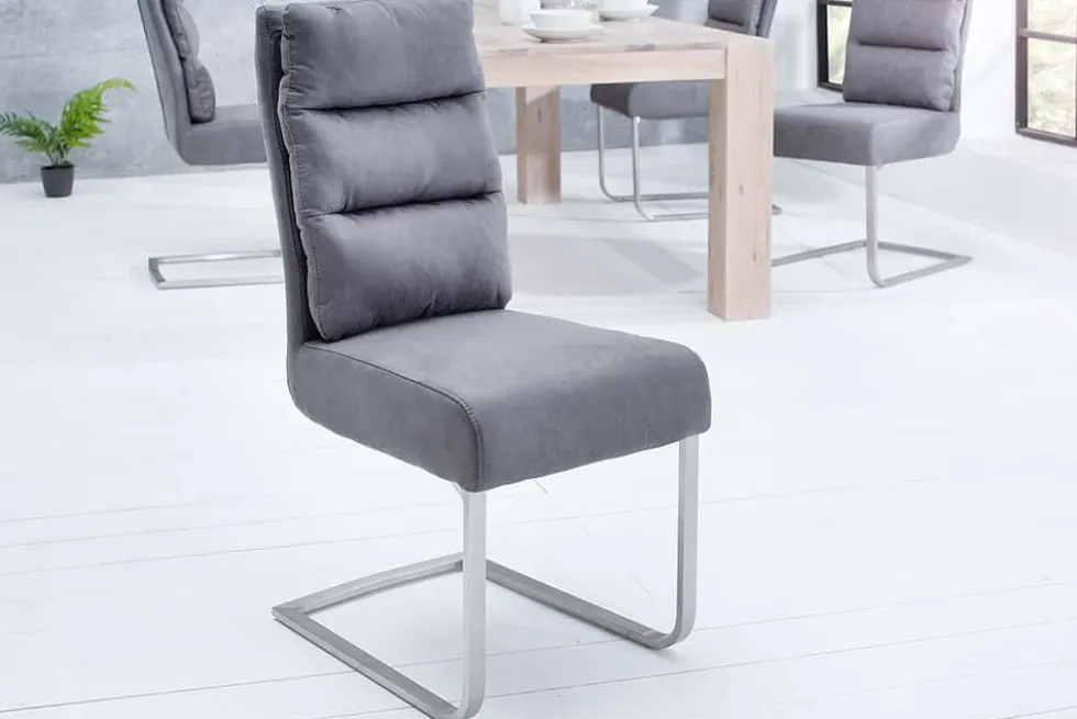 Design Freischwinger Stuhl COMFORT vintage grau mit Edelstahl-Gestell