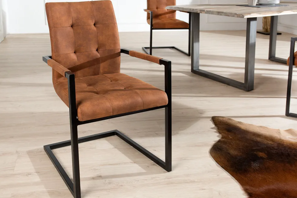 Design Freischwinger Stuhl OXFORD vintage braun mit Armlehne Eisengestell