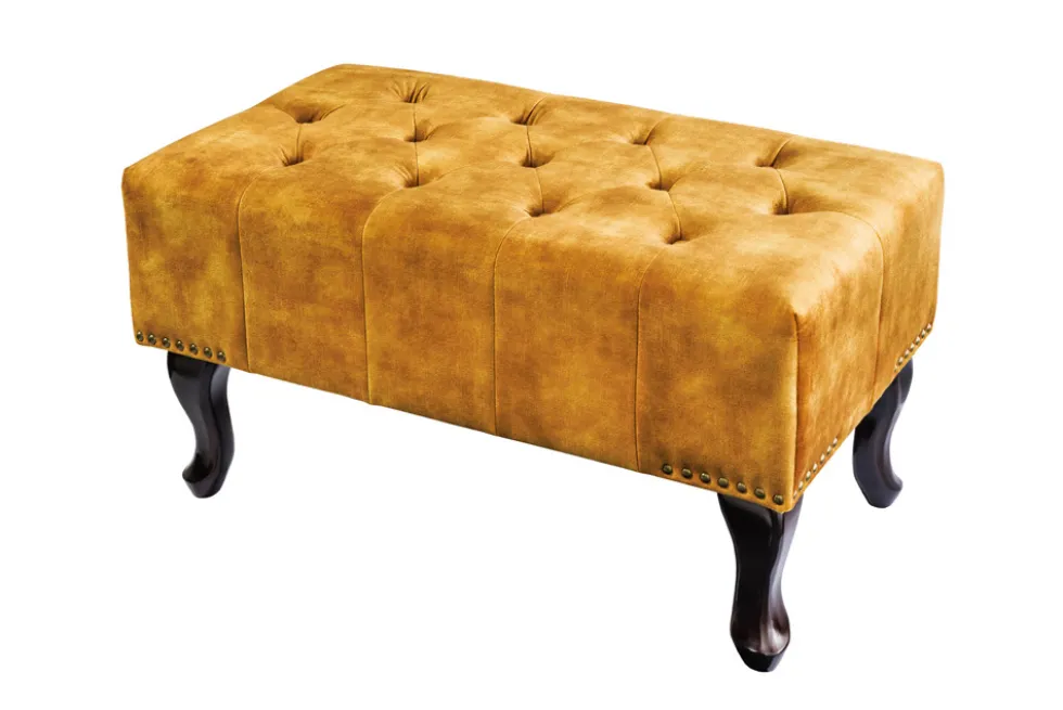 Design Fußhocker CHESTERFIELD 80cm senfgelb Samt Knopfheftung Nietenbesatz