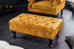 Design Fußhocker CHESTERFIELD 80cm senfgelb Samt Knopfheftung Nietenbesatz