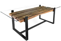 Design Glas Esstisch BARRACUDA 220cm natur Teak Massivholz schwarz Kufengestell