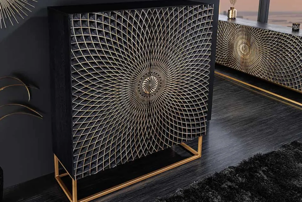 Design Highboard ILLUSION 120cm schwarz Mangoholz Massivholz mit 3D Schnitzereien gold Eisen Metallgestell