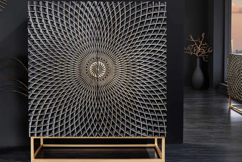 Design Highboard ILLUSION 120cm schwarz Mangoholz Massivholz mit 3D Schnitzereien gold Eisen Metallgestell