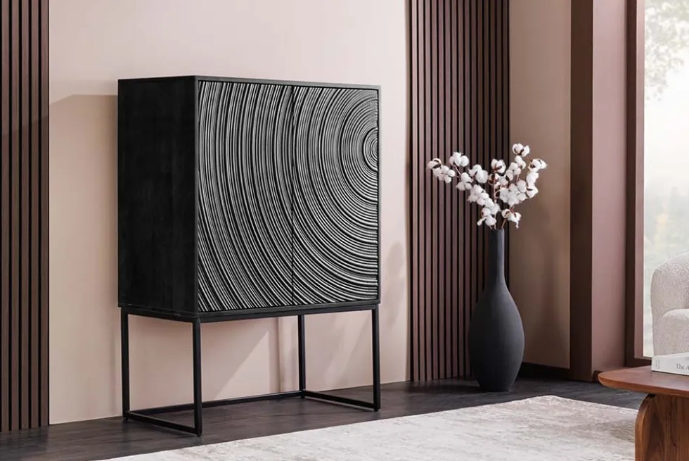 Design Highboard ORBIT 120cm schwarz Mangoholz mit 3D-Front Metall
