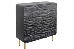 Design Highboard WAVE 120cm schwarz Mangoholz mit 3D Schnitzereien mattgold Metallbeine