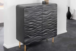 Design Highboard WAVE 120cm schwarz Mangoholz mit 3D Schnitzereien mattgold Metallbeine