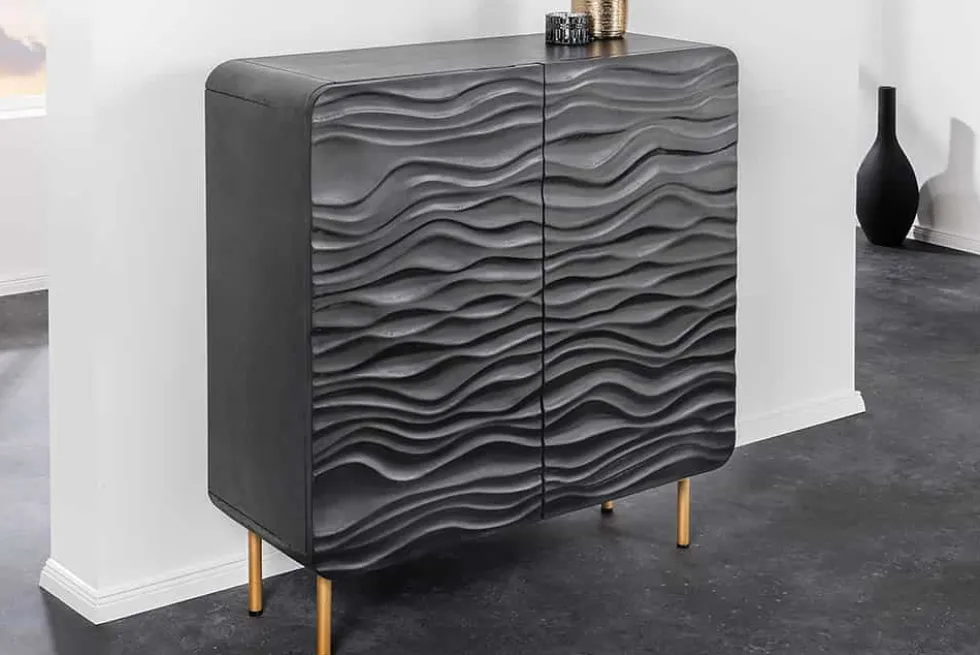 Design Highboard WAVE 120cm schwarz Mangoholz mit 3D Schnitzereien mattgold Metallbeine
