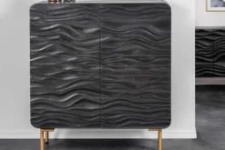 Design Highboard WAVE 120cm schwarz Mangoholz mit 3D Schnitzereien mattgold Metallbeine