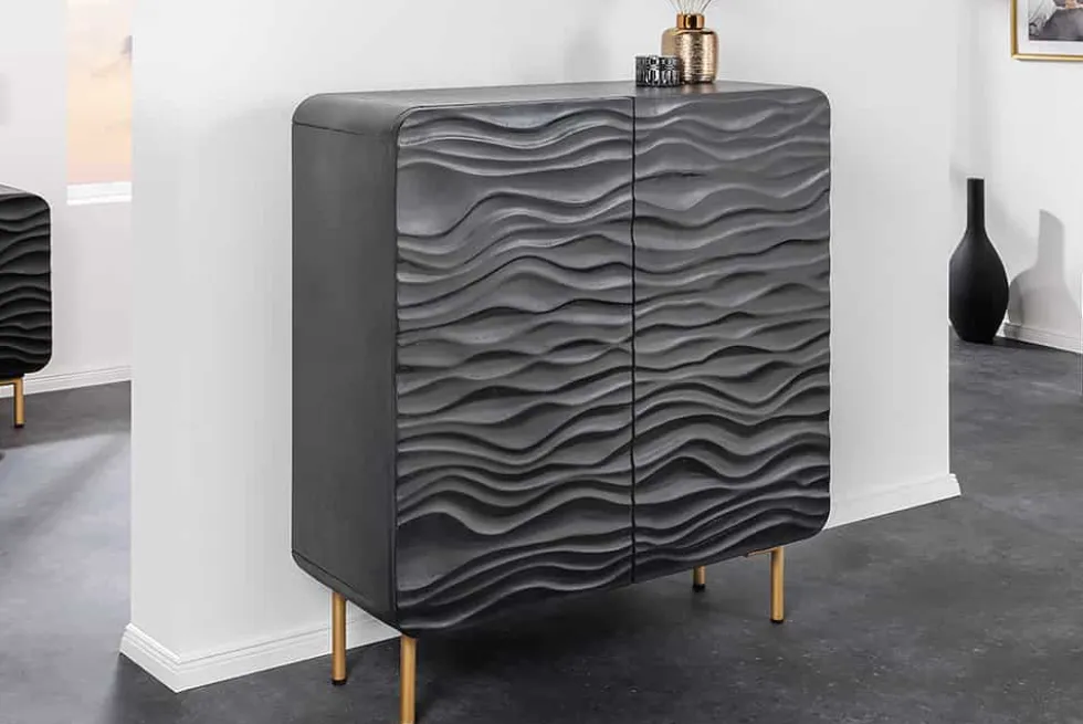 Design Highboard WAVE 120cm schwarz Mangoholz mit 3D Schnitzereien mattgold Metallbeine