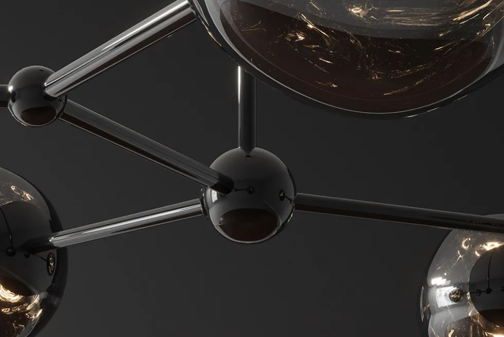 Design Hängelampe LIQUID DIAMOND 100cm smoke schwarz Glas fünf Schirme Kugelleuchte