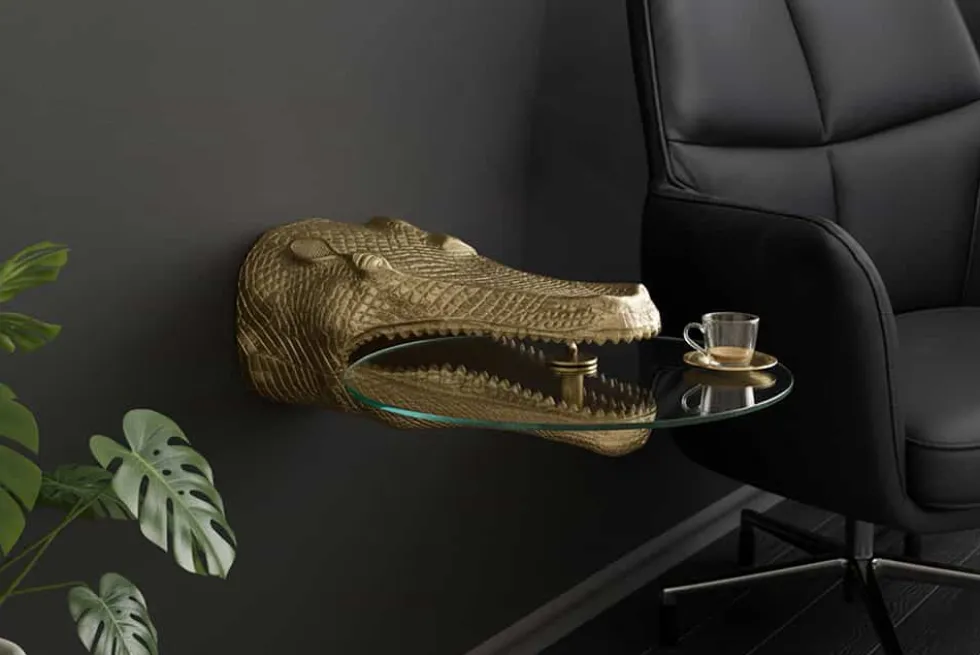 Design Hängetisch WILDLIFE CROCODILE 75cm gold Krokodil oval Glas Beistelltisch