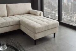 Design Hocker COZY VELVET 80cm beige Chenille Federkern Holzfüße
