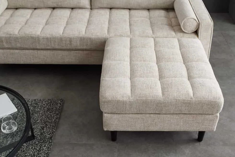 Design Hocker COZY VELVET 80cm beige Chenille Federkern Holzfüße
