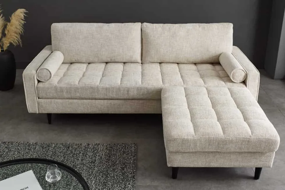 Design Hocker COZY VELVET 80cm beige Chenille Federkern Holzfüße