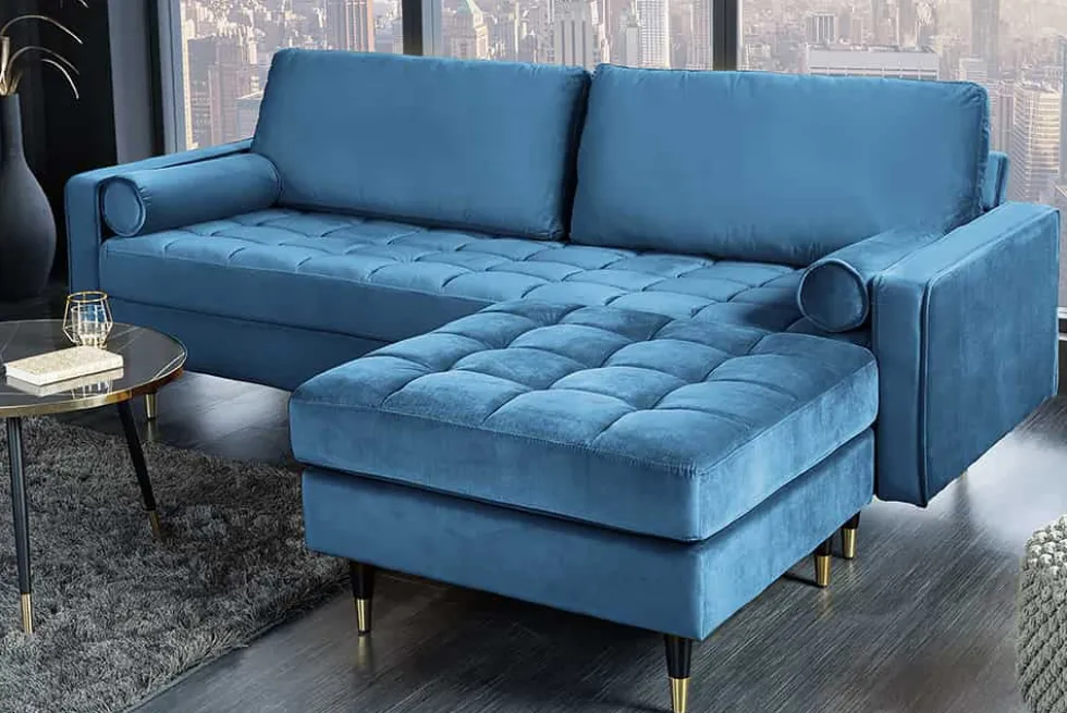 Design Hocker COZY VELVET 80cm petrol blau gold Samt Metallfüße