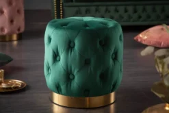 Design Hocker MODERN BAROCK 40cm dunkelgrün gold Samt Chesterfield