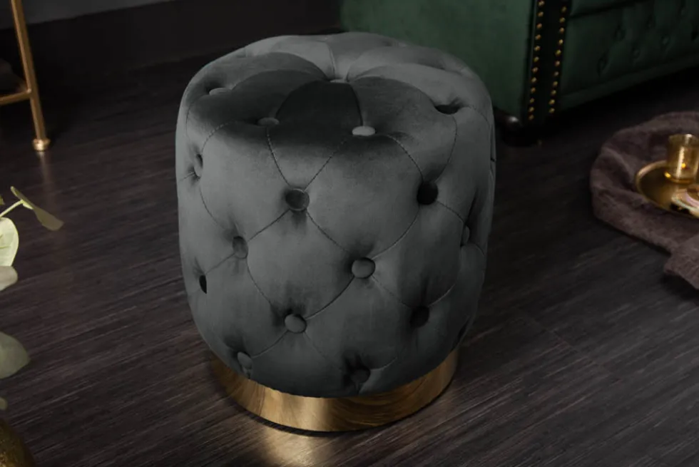 Design Hocker MODERN BAROCK 40cm schwarz gold Samt Chesterfield