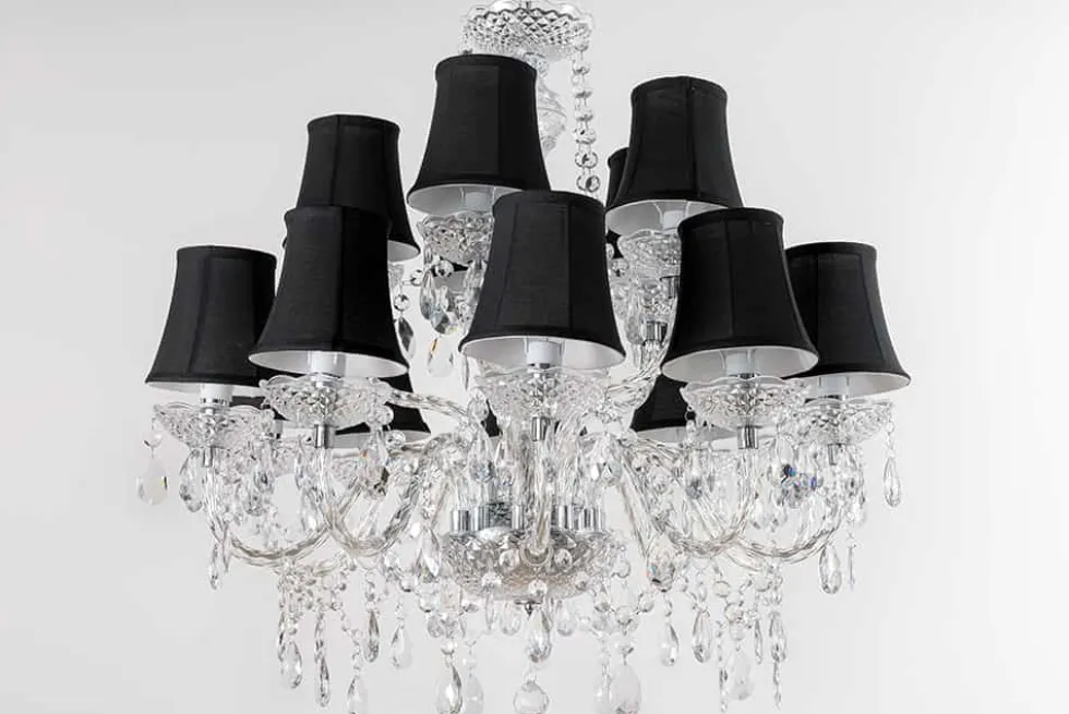 Design Kronleuchter CRYSTAL XL 80cm klar Acryl 15-armig Lüster schwarz mit Schirmen