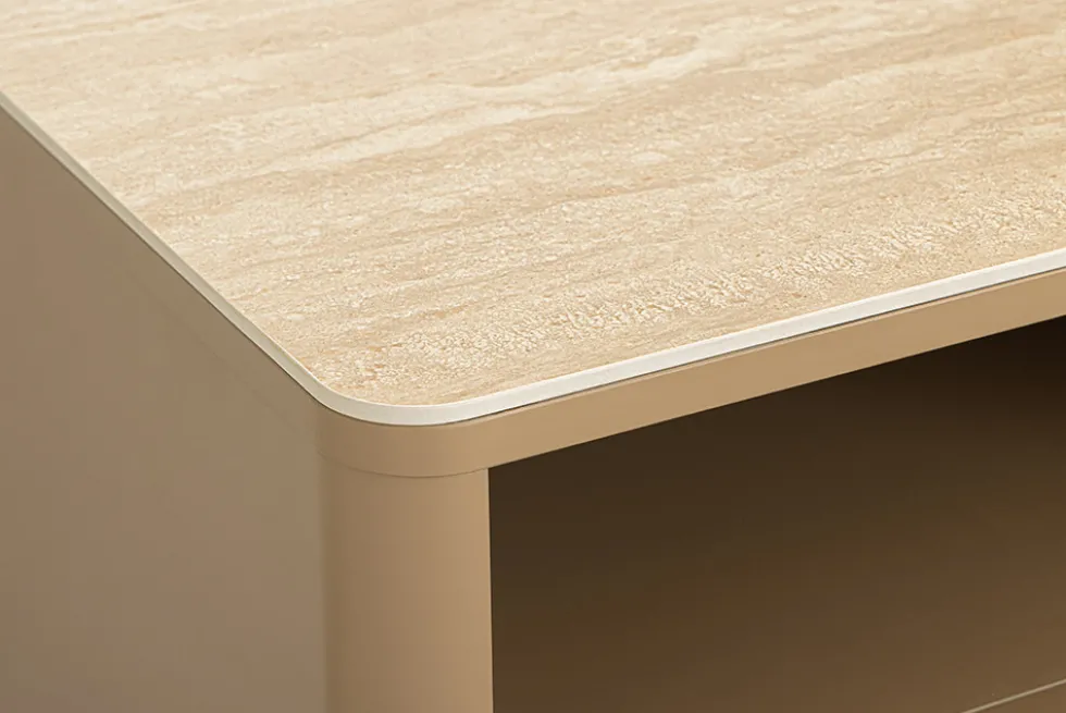 Design Nachttisch SAVOY 50cm grau beige greige Keramik Travertin Beistelltisch
