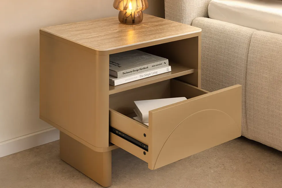Design Nachttisch SAVOY 50cm grau beige greige Keramik Travertin Beistelltisch