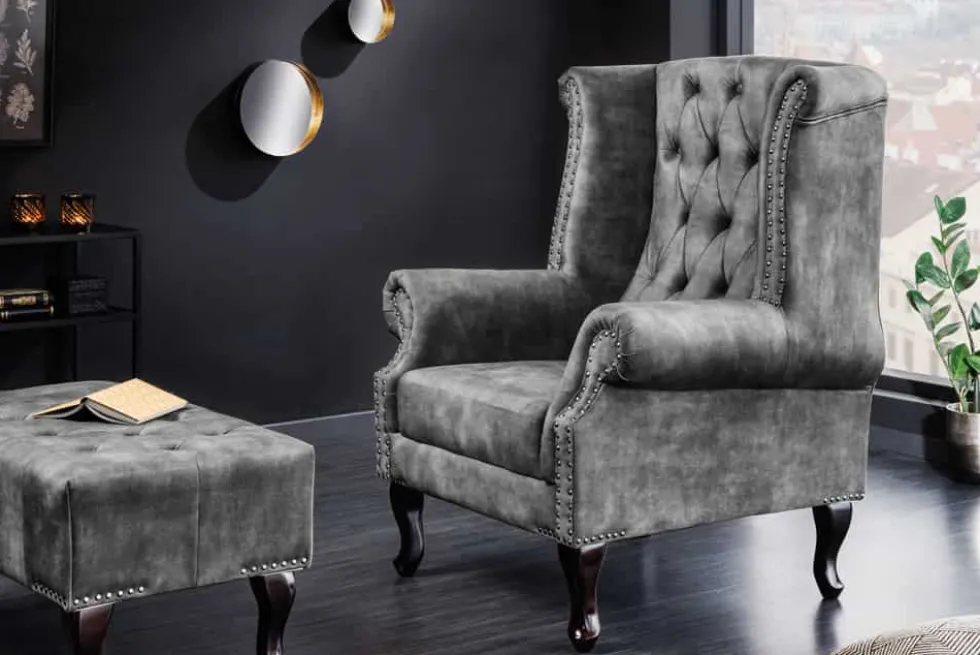 Design Ohrensessel CHESTERFIELD 105cm grau Samt silber Nieten