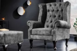 Design Ohrensessel CHESTERFIELD 105cm grau Samt silber Nieten